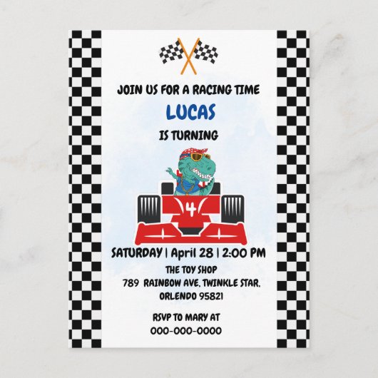 Verjaardag Dinosaur race auto jongen rood racen ki Briefkaart (Voorkant)