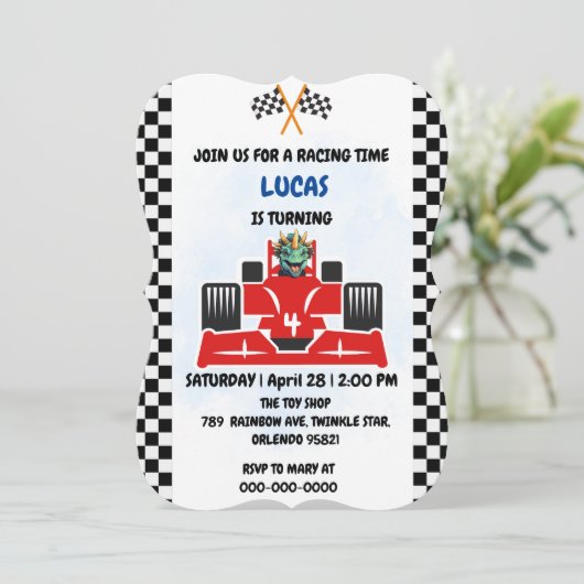 Verjaardag Dinosaur race auto jongen rood racen ki Kaart (Staand voorkant)