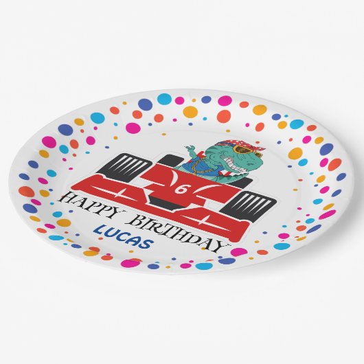 Verjaardag Dinosaur race auto jongen rood racing k Papieren Bordje (Gekanteld)