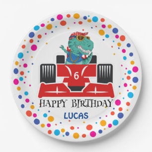 Verjaardag Dinosaur race auto jongen rood racing k Papieren Bordje