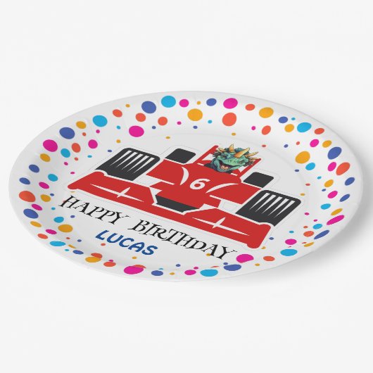 Verjaardag Dinosaur race auto jongen rood racing k Papieren Bordje (Gekanteld)