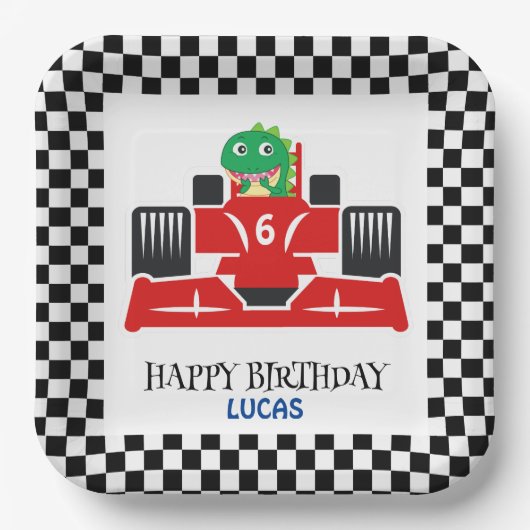 Verjaardag Dinosaur race auto rode jongen kind naa Papieren Bordje (Voorkant)
