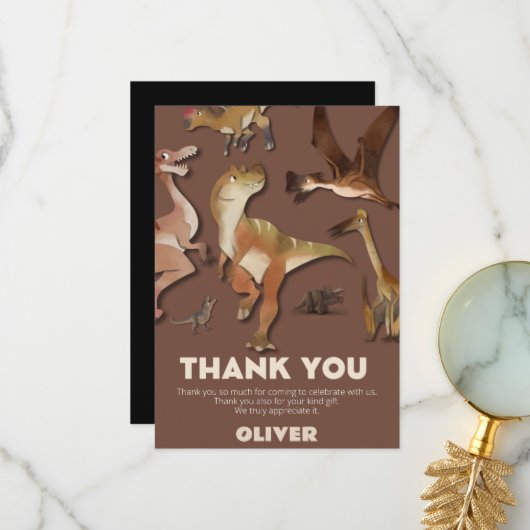 Verjaardag dinosaurus jongen elke leeftijd bedankkaart (Voorkant / Achterkant in situ)