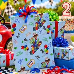 Verjaardag Dinosaurus Race Auto Klaar Af Cadeaupapier
