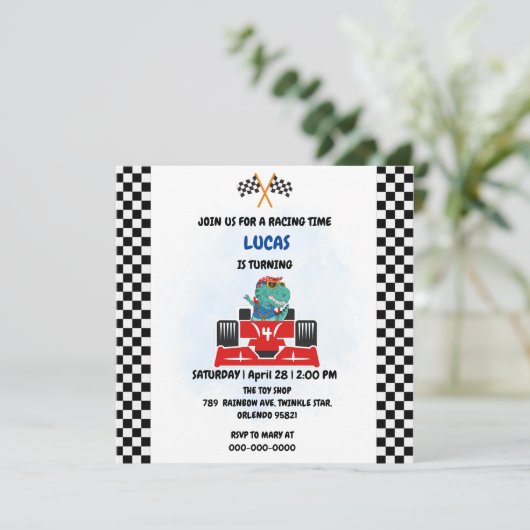 Verjaardag Dinosaurus raceauto jongen rood racen k Bedankkaart (Staand voorkant)