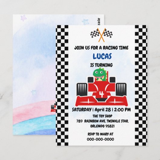Verjaardag Dinosaurus raceauto jongen rood racen k Briefkaart (Voorkant / Achterkant)