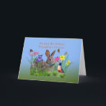Verjaardag, Dochter-in-l, Bunny, Vlinders, Robin Kaart<br><div class="desc">Een verjaardagskaart voor een schoondochter bevat kleurrijke bloemen, een roodborstje, een knuffelbruin konijn en vlinders die boven de gele, rode, paarse en roze bloemen vliegen. De binnenkant is een tekst sjabloon en is gemakkelijk te wijzigen of te verwijderen. Het zijn afbeeldingen van de kunstenares Dana Conditt van Digital Scrap Design....</div>