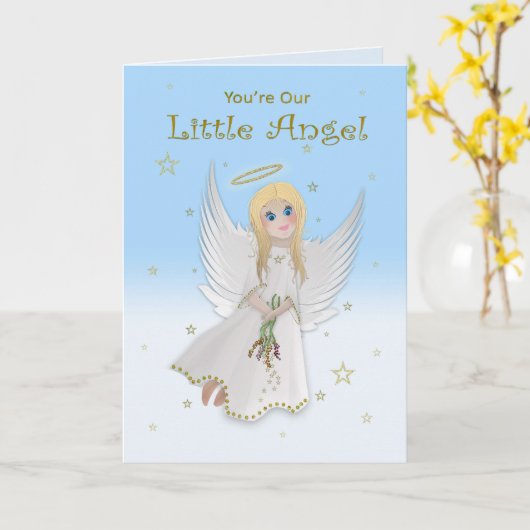 Verjaardag, dochter, onze kleine engel, blonde eng kaart (Gele Bloem)