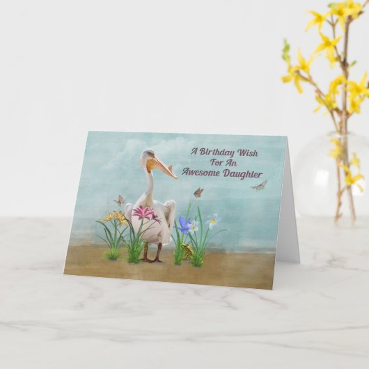 Verjaardag, Dochter, Pelikaan, Bloemen Kaart (Gele Bloem)