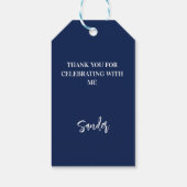 Verjaardag donkerblauw wit script dank u cadeaulabel (Achterkant)