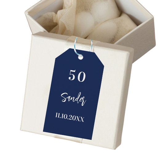 Verjaardag donkerblauw wit script dank u cadeaulabel