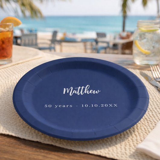 Verjaardag donkerblauw wit script minimalist papieren bordje