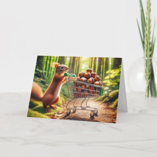 Verjaardag eekhoorn met eikels in een winkelwagen kaart (Voorkant)