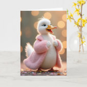Verjaardag Eend Dragen van een Roze Bontjas Kaart (Gele Bloem)