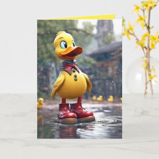 Verjaardag eend in rode laarzen kaart (Gele Bloem)