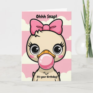 Verjaardag Eend met Roze Strik blaast Bubbel Grapp Kaart