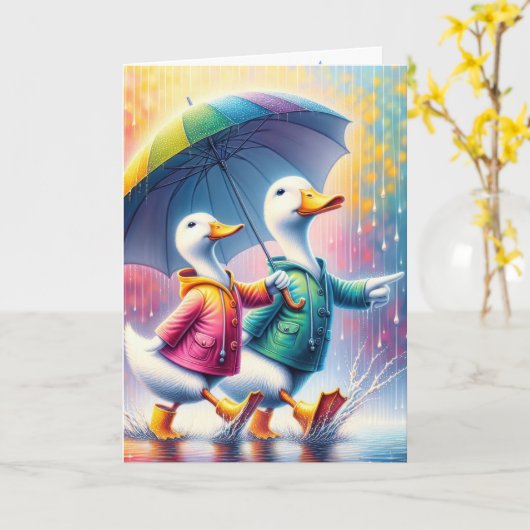 Verjaardag eenden lopen in de regen kaart (Gele Bloem)