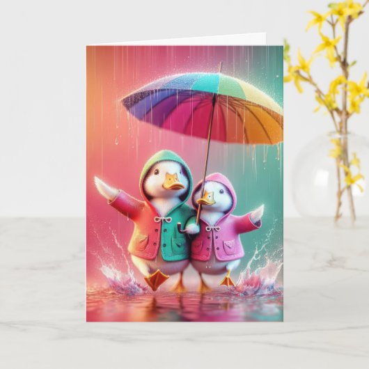 Verjaardag eenden lopen in de regen kaart (Gele Bloem)