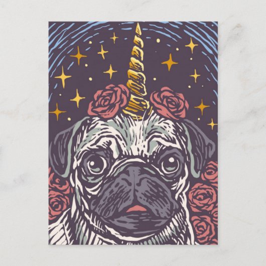 Verjaardag Eenhoorn Mops Postkaart (Voorkant)
