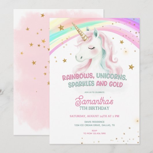 Verjaardag eenhoorn, pastel eenhoorn, regenboog kaart (Voorkant / Achterkant)