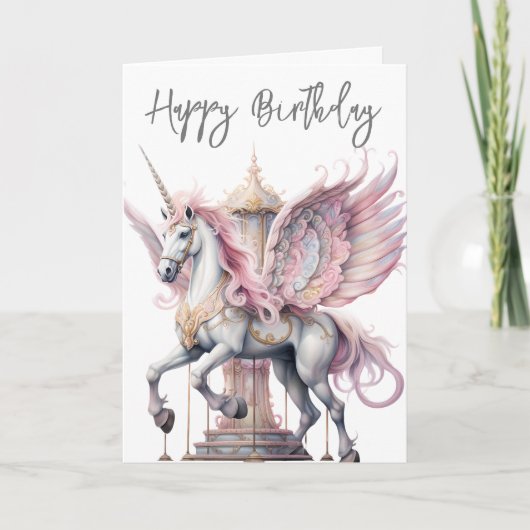 Verjaardag Eenhoorn Pegasus Carrousel Paard Roze Kaart (Voorkant)