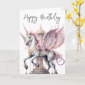 Verjaardag Eenhoorn Pegasus Carrousel Paard Roze Kaart (Gele Bloem)