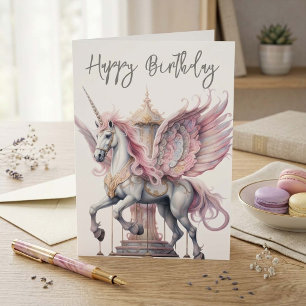 Verjaardag Eenhoorn Pegasus Draaimolen Paard Roze Kaart