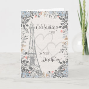 Verjaardag Eiffeltoren met bloemframe Kaart