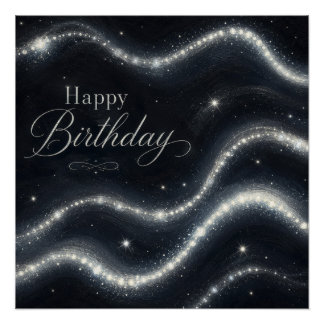 Verjaardag Elegant Zwart Zilver Diamanten Golven Perfect Poster