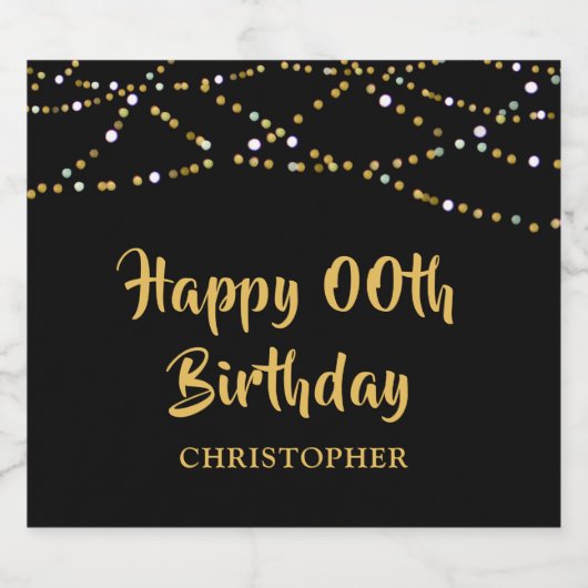 Verjaardag Elk jaar Zwart Goud String Lights Naam Bier Etiket (Enkel label)