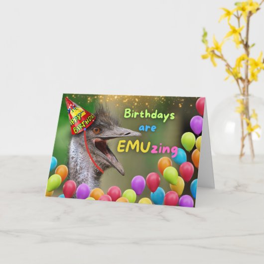 Verjaardag Emuzing Emu Party Ballonnen Kaart (Gele Bloem)