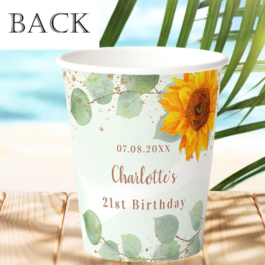 Verjaardag eucalyptus glitter zonnebloem monogram papieren bekers