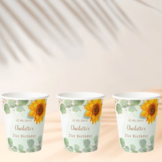 Verjaardag eucalyptus glitter zonnebloem monogram papieren bekers