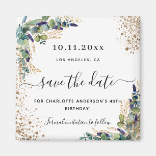 Verjaardag eucalyptus goud glitter save the date magneet
