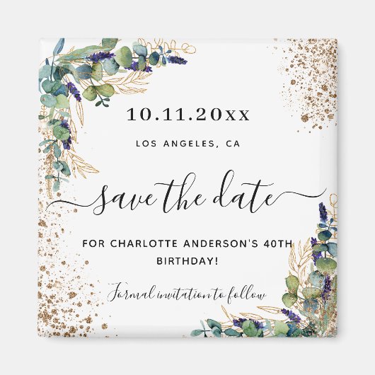 Verjaardag eucalyptus goud glitter save the date magneet (Voorkant)