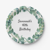 Verjaardag eucalyptus groen krans naam papieren bordje (Voorkant)