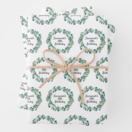 Verjaardag eucalyptus groen krans naam script inpakpapier vel (In situ)