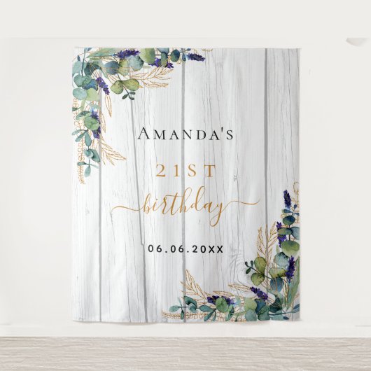 Verjaardag eucalyptus groen ruwe hout naam wandkleed (Voorkant)