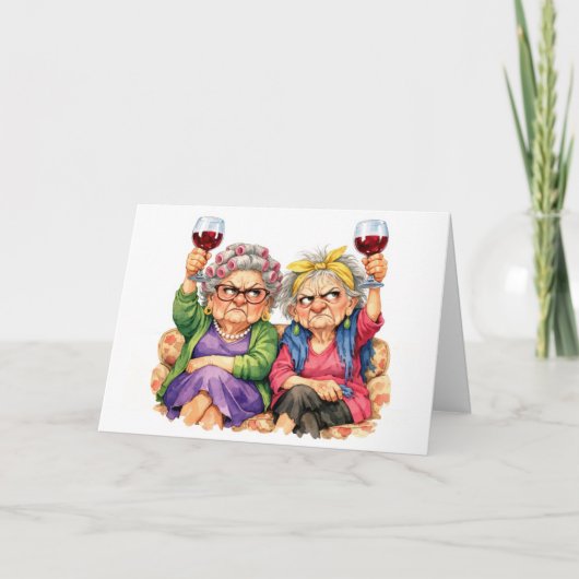 Verjaardag Excentrieke Oude Dames met Rode Wijn Kaart (Voorkant)