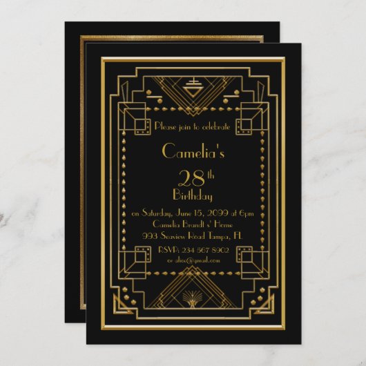 Verjaardag feest uitnodiging vrouw, grote Gatsby,  (Voorkant / Achterkant)