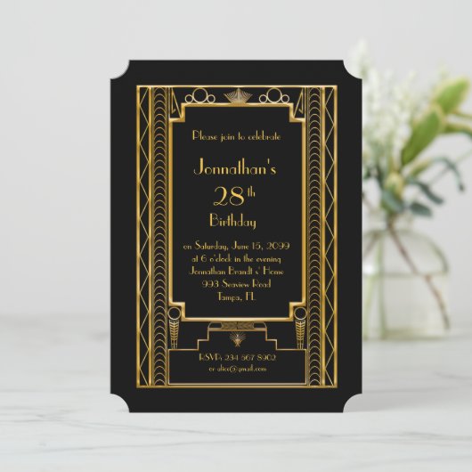 Verjaardag feestuitnodiging man, grote Gatsby, zwa Kaart (Staand voorkant)