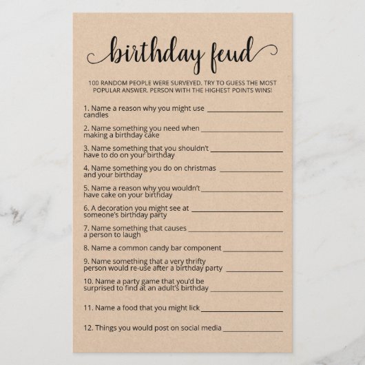 Verjaardag Feud spel met antwoorden (Voorkant)