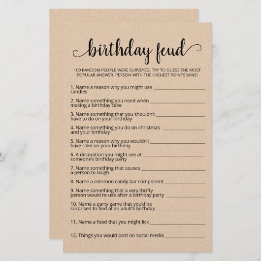 Verjaardag Feud spel met antwoorden (Voorkant / Achterkant)