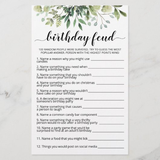 Verjaardag Feud spel met antwoorden (Voorkant)