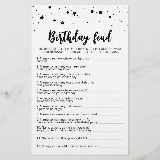 Verjaardag Feud spel met antwoorden (Voorkant)
