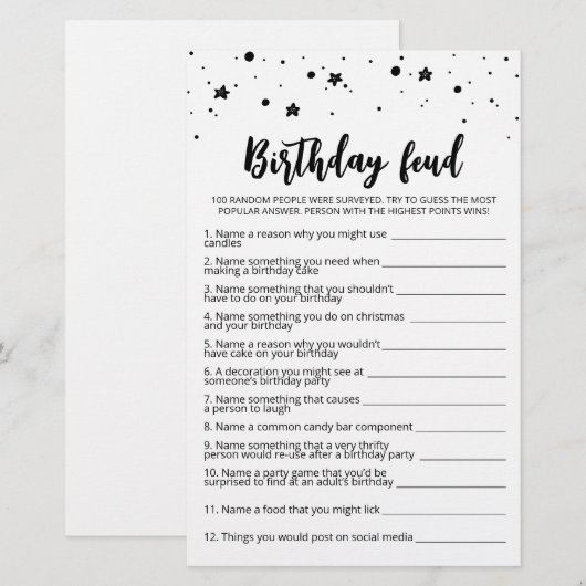 Verjaardag Feud spel met antwoorden (Voorkant / Achterkant)