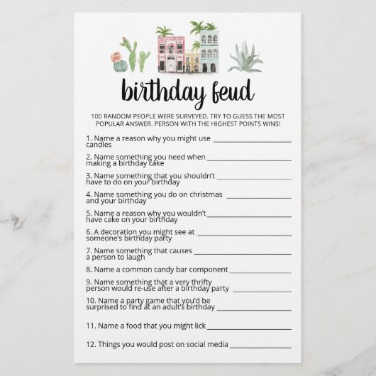 Verjaardag Feud spel met antwoorden (Voorkant)