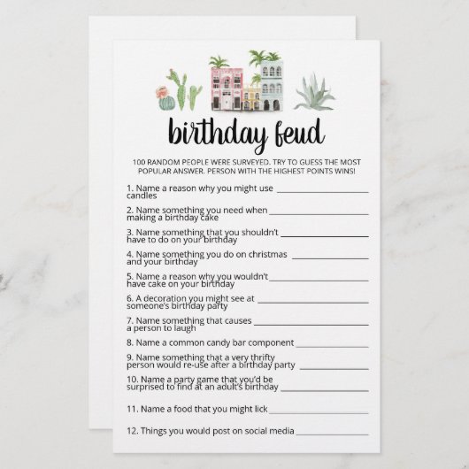 Verjaardag Feud spel met antwoorden (Voorkant / Achterkant)