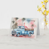 Verjaardag Flamingo in retro blauwe vrachtwagen Kaart (Gele Bloem)