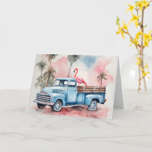 Verjaardag Flamingo in Retro Truck Kaart (Gele Bloem)